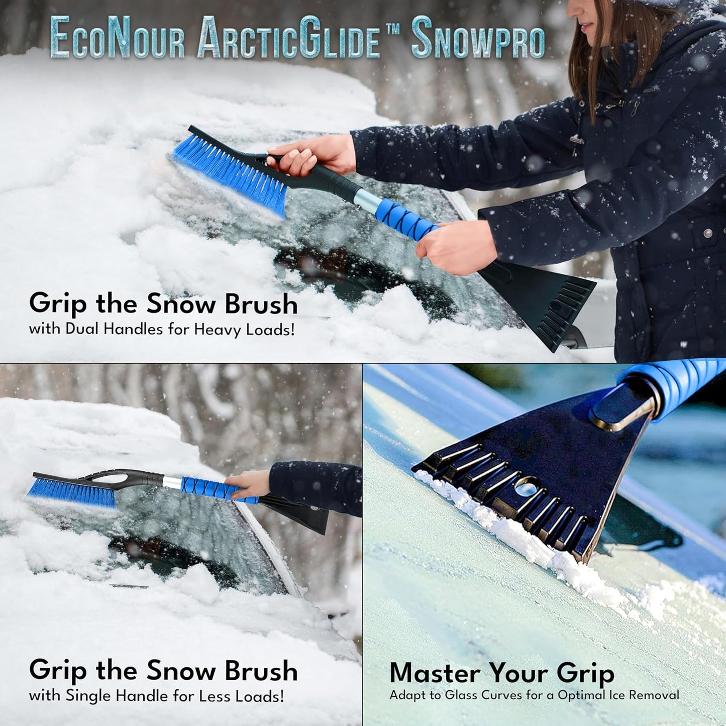 EcoNour 27" Aluminum Car Snow Scraper and Brush | Weaved Bristle Head with Metal Body Ice Scraper for Car Windshield | Tough Show Shovel with Ergonomic Foam Grip Winter Accessory