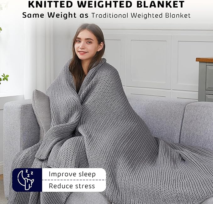 L'AGRATY Knitted Weighted Blanket - 60"x80" 20lbs Cooling Chunky Knit Heavy Blanket for Adults Braided Crochet Throw Thick Cable Yarn Knit Decorative No Beads Evenly Weighted Machine Washable