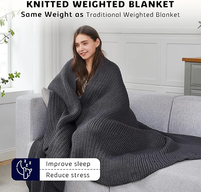 L'AGRATY Knitted Weighted Blanket - 50"x60" 7lbs Cooling Chunky Knit Heavy Blanket for Adults Braided Crochet Throw Thick Cable Yarn Knit Decorative No Beads Evenly Weighted Machine Washable