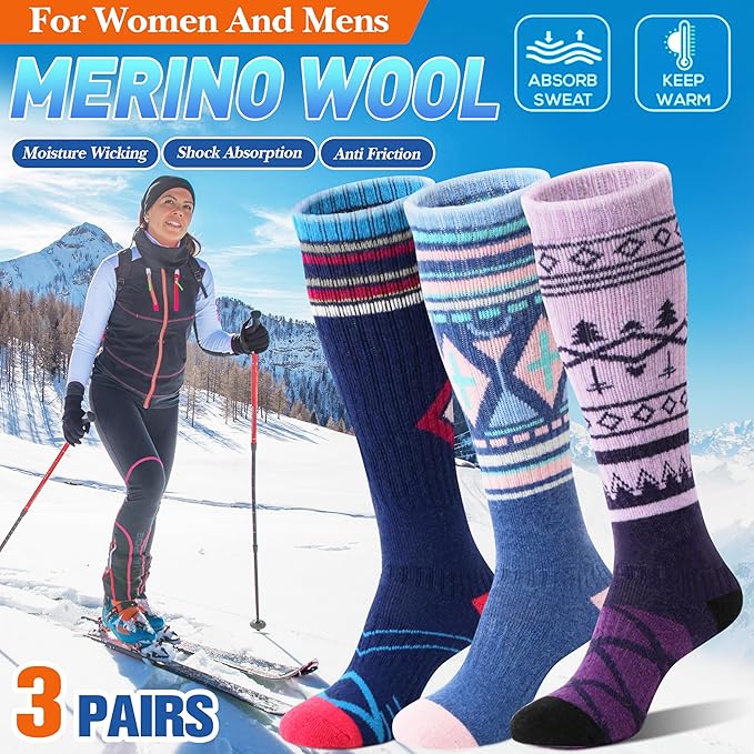 3 Pairs Merino Wool Ski Socks Thermal Warm Winter Thick Knee High Snowboarding Skiing Socks for Women Men