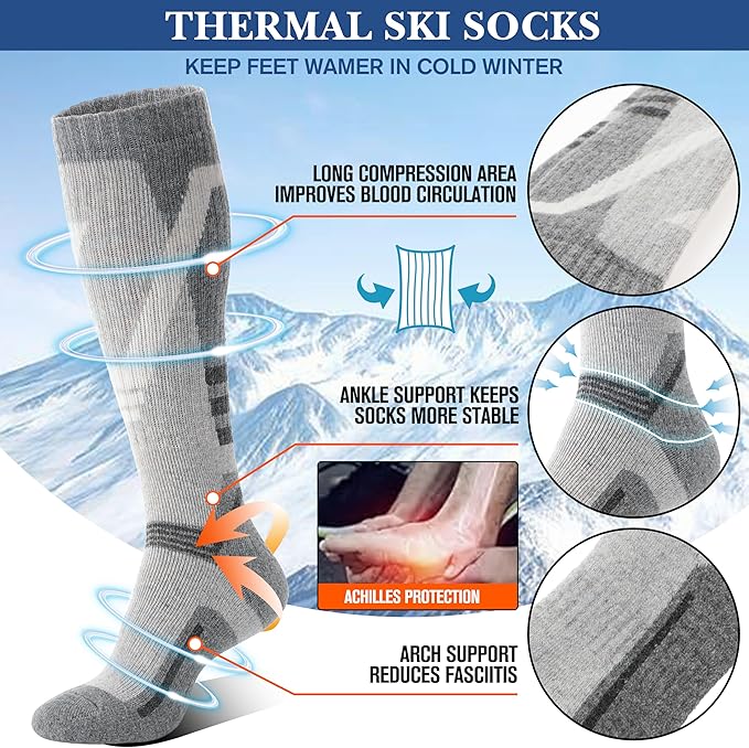 3 Pairs Merino Wool Ski Socks Thermal Warm Winter Thick Knee High Snowboarding Skiing Socks for Women Men