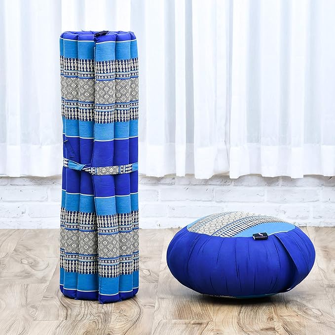 Leewadee Meditation Cushion Set – 1 Round Zafu Meditation Pillow and 1 Square Roll-Up Zabuton Meditation Mat, Pillows Bundle Filled with Kapok