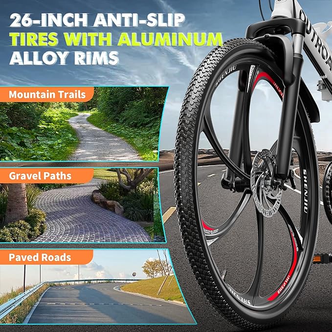 26 Inch Folding Mountain Bike, 21 Speed Full Suspension Bicycle with High-Carbon Steel, Dual Disc Brake Non-Slip Quick Release tire Folding Bicycle for Adults/Men/Women