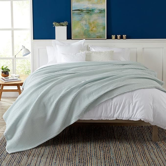 100% Cotton Waffle Weave Bed Blanket | Soft, Breathable, and Lightweight Blanket for All-Season | Perfect for Layering | Brielle Collection (Full/Queen, ICY Blue)