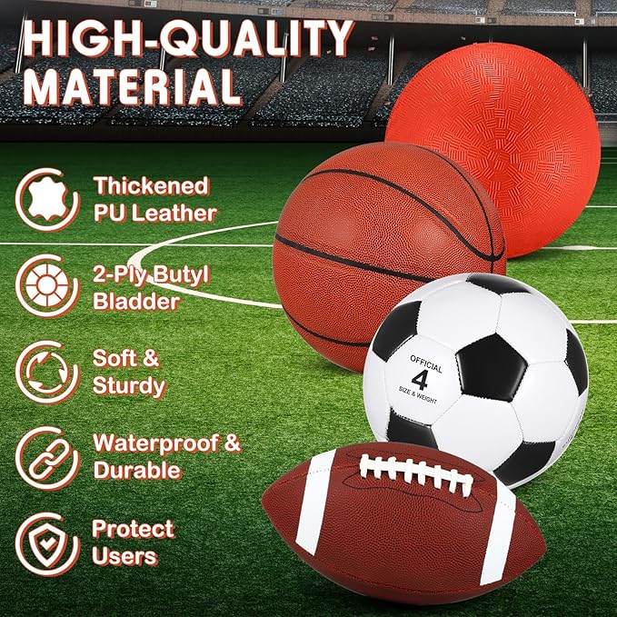 Liliful 8 Pcs Sport Balls Set with Pump Mesh Bag Gifts for Kid Teen Operation Christmas Basketball Soccer Football Playground Ball for Christian Charity Donation Student Team PE Class