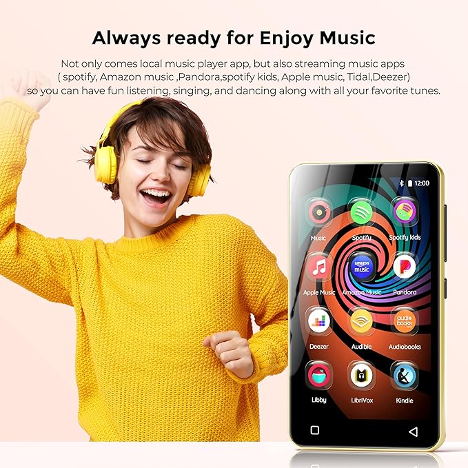 160GB MP3 Player with Bluetooth and WiFi, innioasis Music Player with Spotify,Pandora,Amazon Music,4" Touch Screen Android MP4 MP3 Player for Kids with Libby,Audible(Black_Gold)