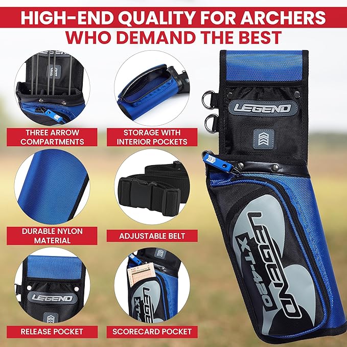 Legend XT420 Field Quiver - Left or Right-Handed Quiver Arrow Holder, Archery Quiver with 3 Arrow Tube, Durable Nylon Hip Quivers with Multiple Pockets for Archery Accessories, Score Card & Tools