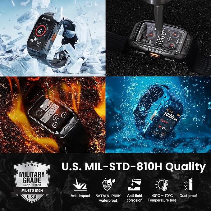 KOSPET Tank X2 Smart Watch Fitness Tracker, 24/7 Heart Rate, Blood Oxygen Monitor, Sleep Tracker, Blutooth Call, Stainless Steel Unibody, 1.64” AMOLED Always-on Display (Black)